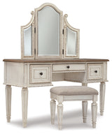 Realyn Full Panel Bed, Dresser, Mirror, 3-Piece Vanity and Nightstand