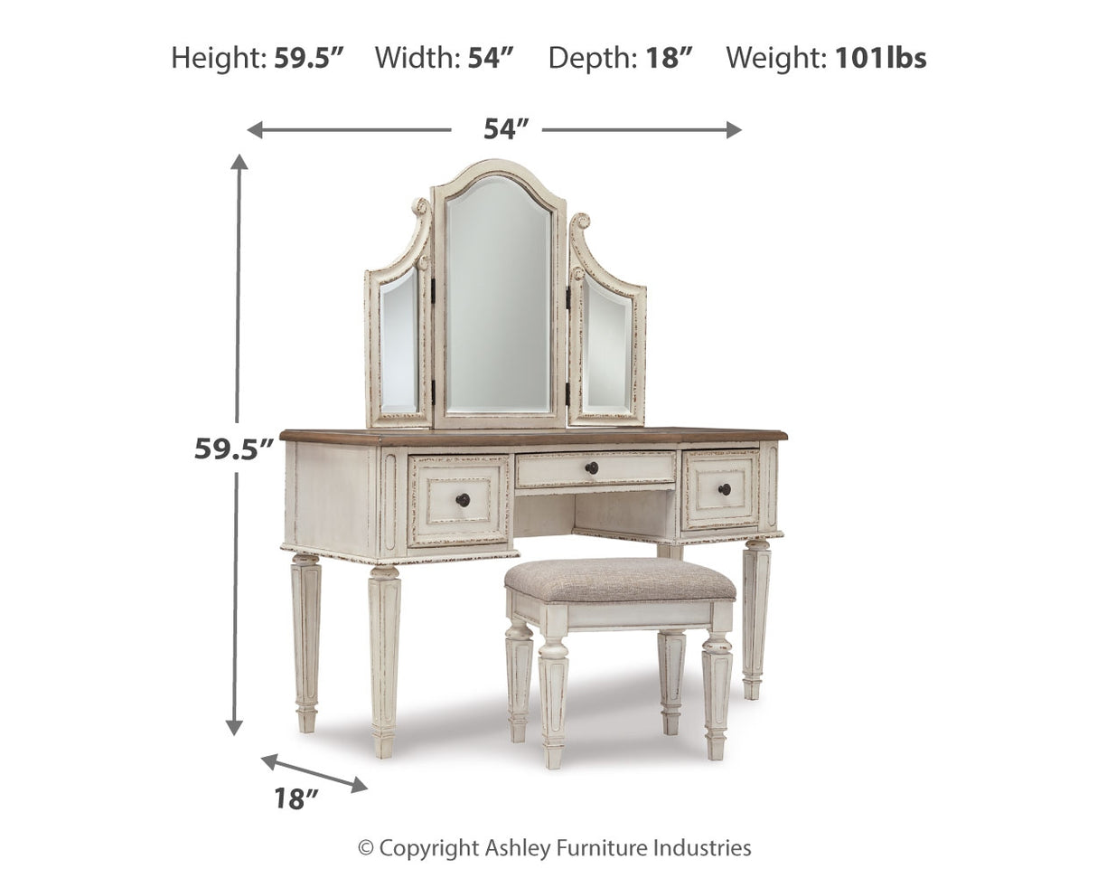 Realyn Two-Tone Queen Upholstery Panel Bed, Dresser, Chest, Nightstand, And Vanity Set