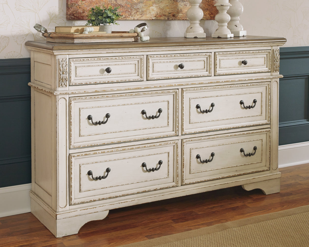 Realyn Two-Tone Queen Upholstery Panel Bed, Dresser, Chest, Nightstand, And Vanity Set