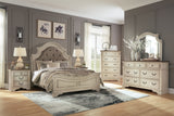 Realyn Queen Upholstered Panel Bed, Dresser and Mirror