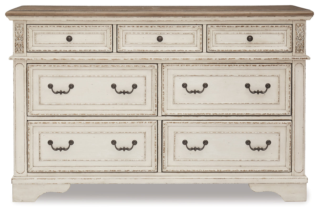 Realyn Two-Tone Queen Upholstery Panel Bed, Dresser, Chest, Nightstand, And Vanity Set