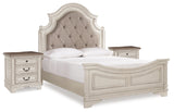 Realyn Queen Upholstered Panel Bed and 2 Nightstands