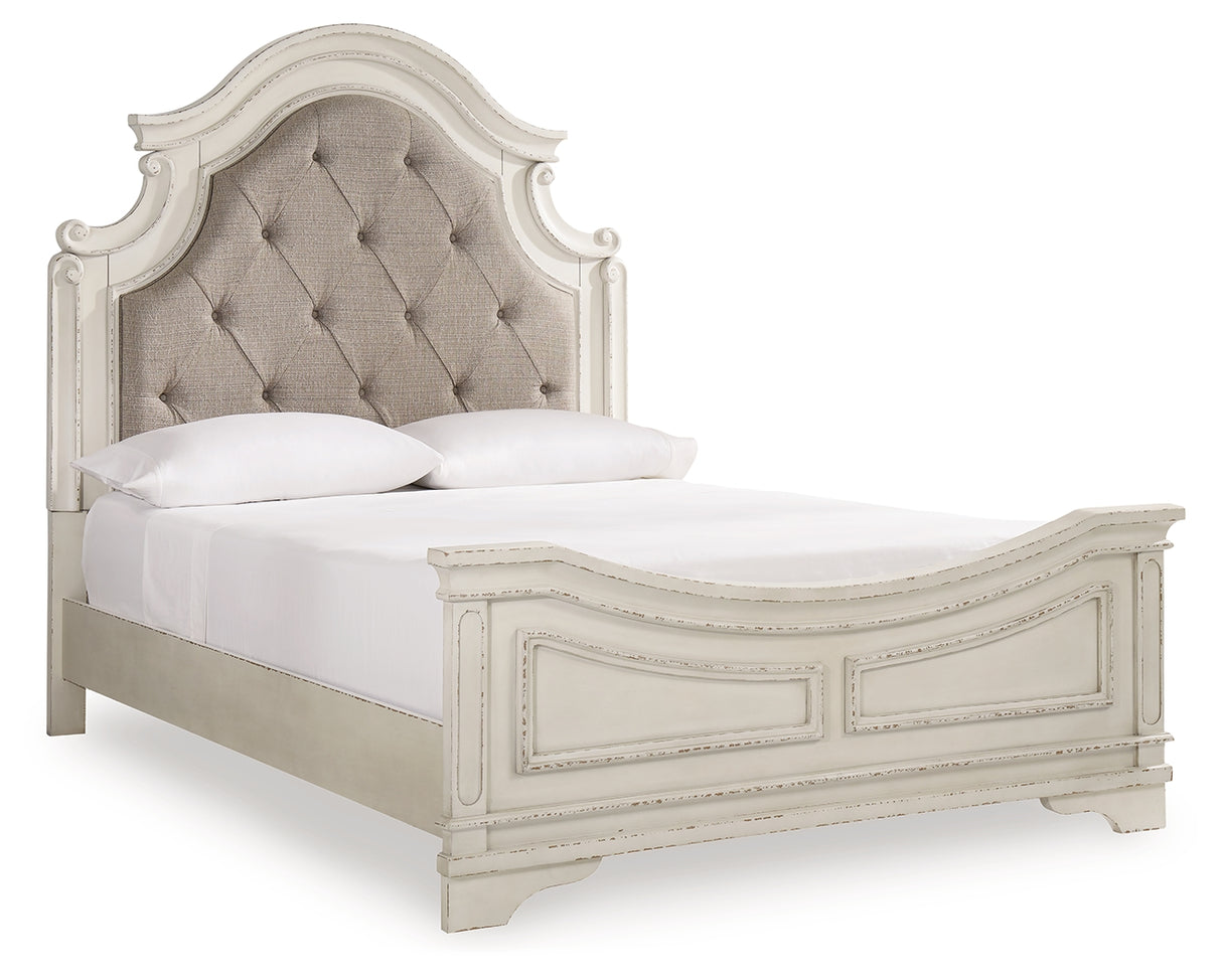 Realyn Queen Upholstered Panel Bed, Dresser and Mirror