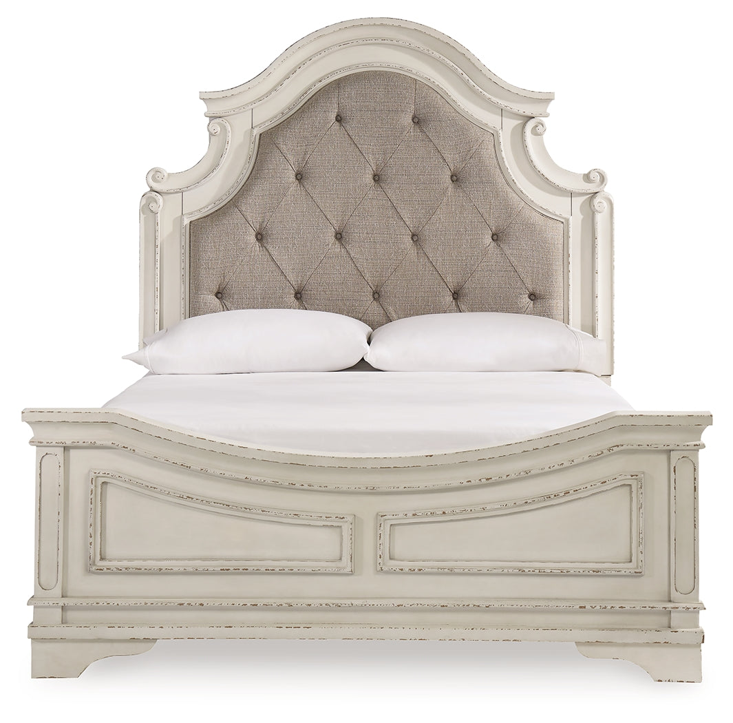 Realyn Queen Upholstered Panel Bed, Dresser and Mirror