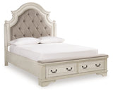 Realyn Two-Tone Queen Upholstery Panel Bed, Dresser, Chest, Nightstand, And Vanity Set