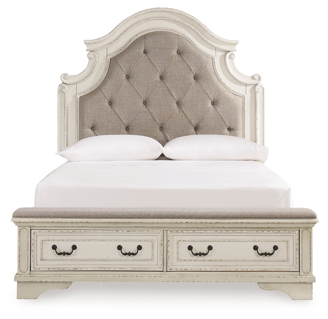 Realyn Queen Upholstered Panel Bed with Storage, Dresser and Nightstand