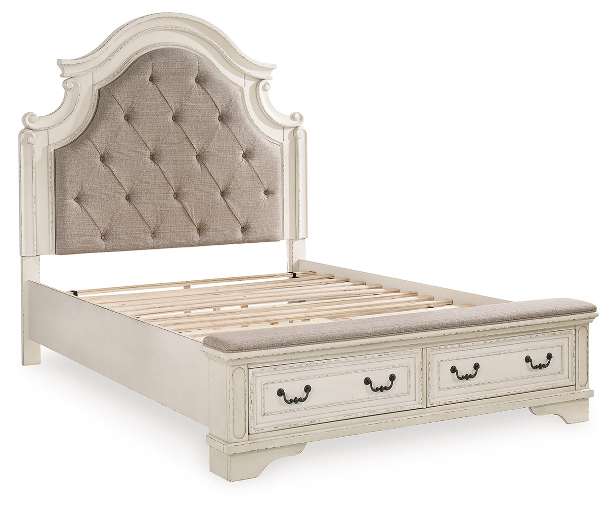 Realyn Queen Upholstered Panel Bed with Storage, Dresser and Nightstand