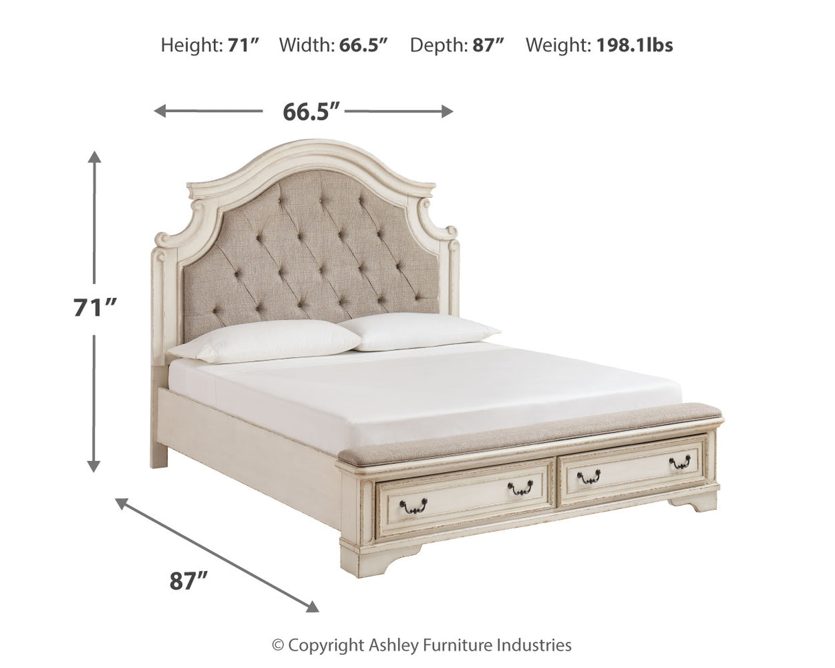 Realyn Two-Tone Queen Upholstery Panel Bed, Dresser, Chest, Nightstand, And Vanity Set