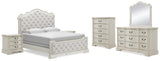 Arlendyne Antique White King Panel Bed, Dresser, Mirror, Chest And 2 Nightstands