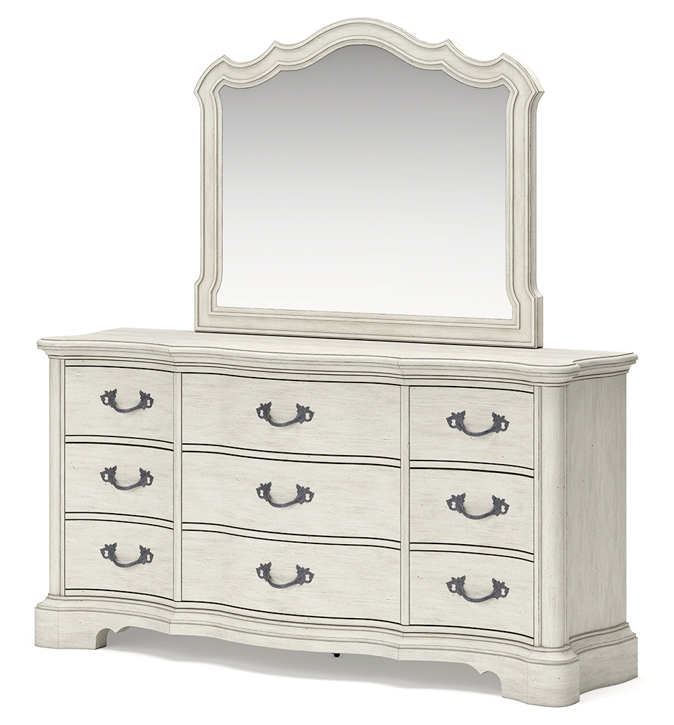 Arlendyne Antique White King Panel Bed, Dresser, Mirror, Chest And 2 Nightstands