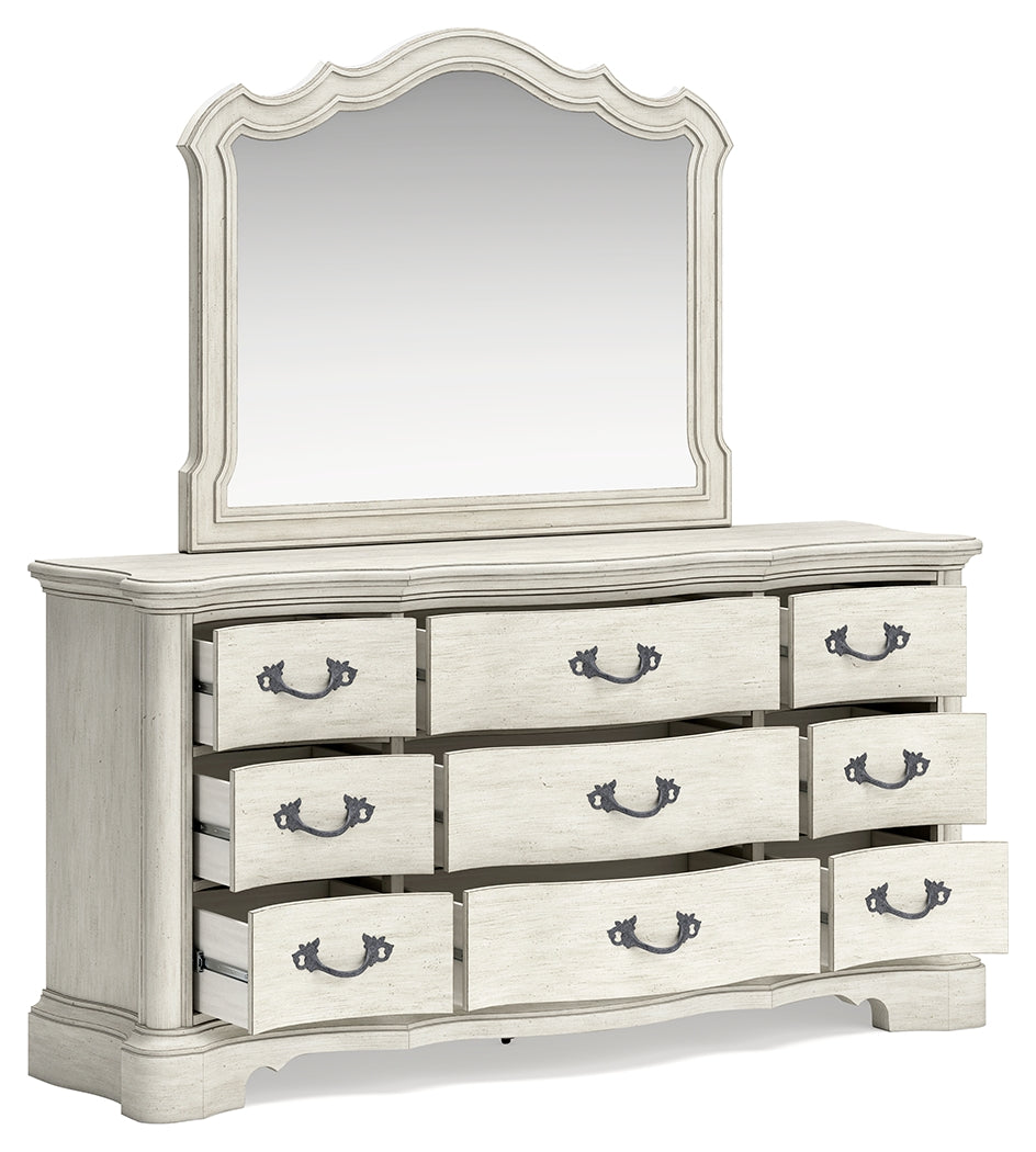 Arlendyne Antique White King Panel Bed, Dresser, Mirror, Chest And 2 Nightstands