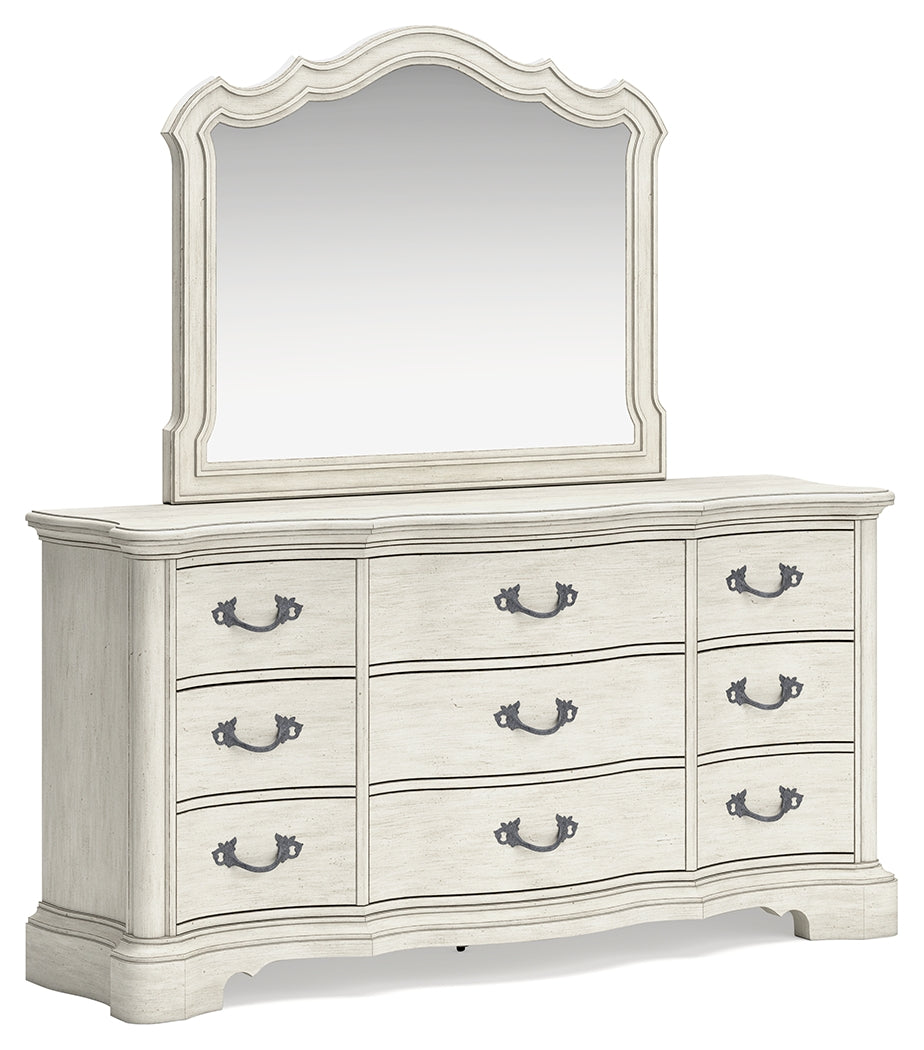 Arlendyne Antique White King Panel Bed, Dresser, Mirror, Chest And 2 Nightstands