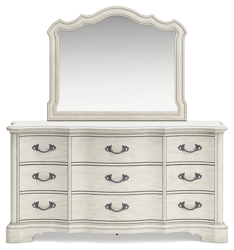 Arlendyne Antique White King Panel Bed, Dresser, Mirror, Chest And 2 Nightstands