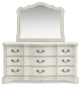 Arlendyne Antique White King Panel Bed, Dresser, Mirror, Chest And 2 Nightstands