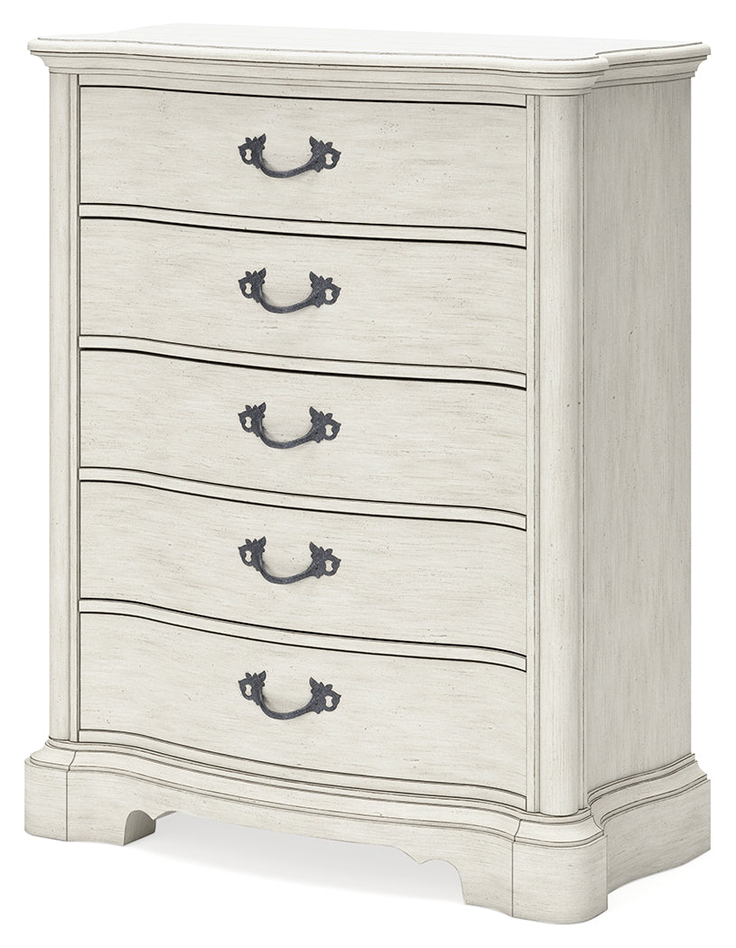 Arlendyne Antique White King Panel Bed, Dresser, Mirror, Chest And 2 Nightstands