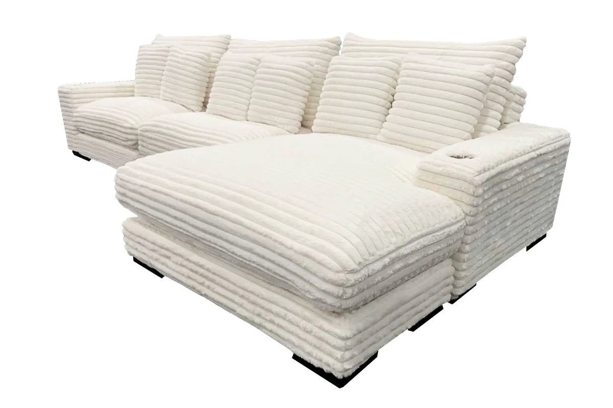 Palm Sunday Ivory Jumbo Corduroy 3pc Reversible Sectional Sofa w/ Dual Cupholders & USB Ports