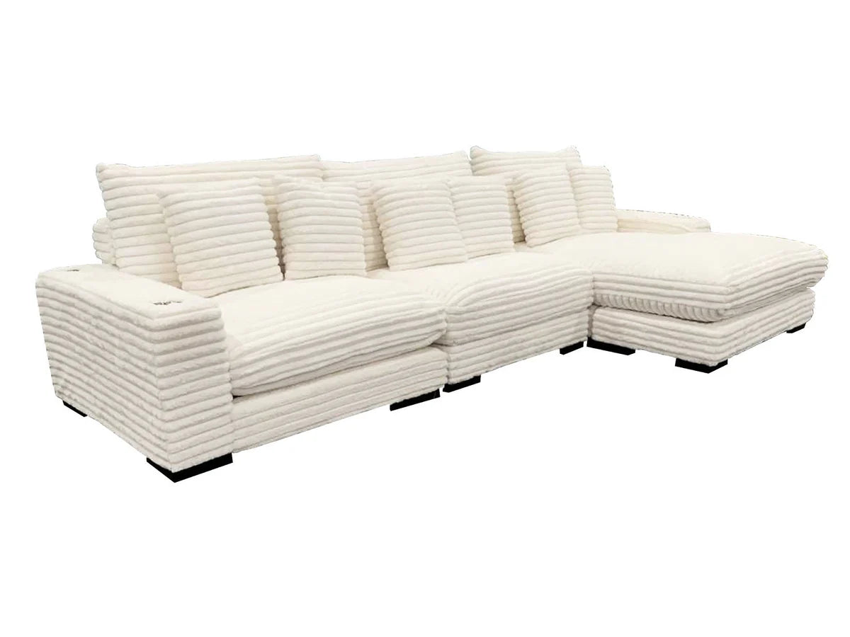 Palm Sunday Ivory Jumbo Corduroy 3pc Reversible Sectional Sofa w/ Dual Cupholders & USB Ports