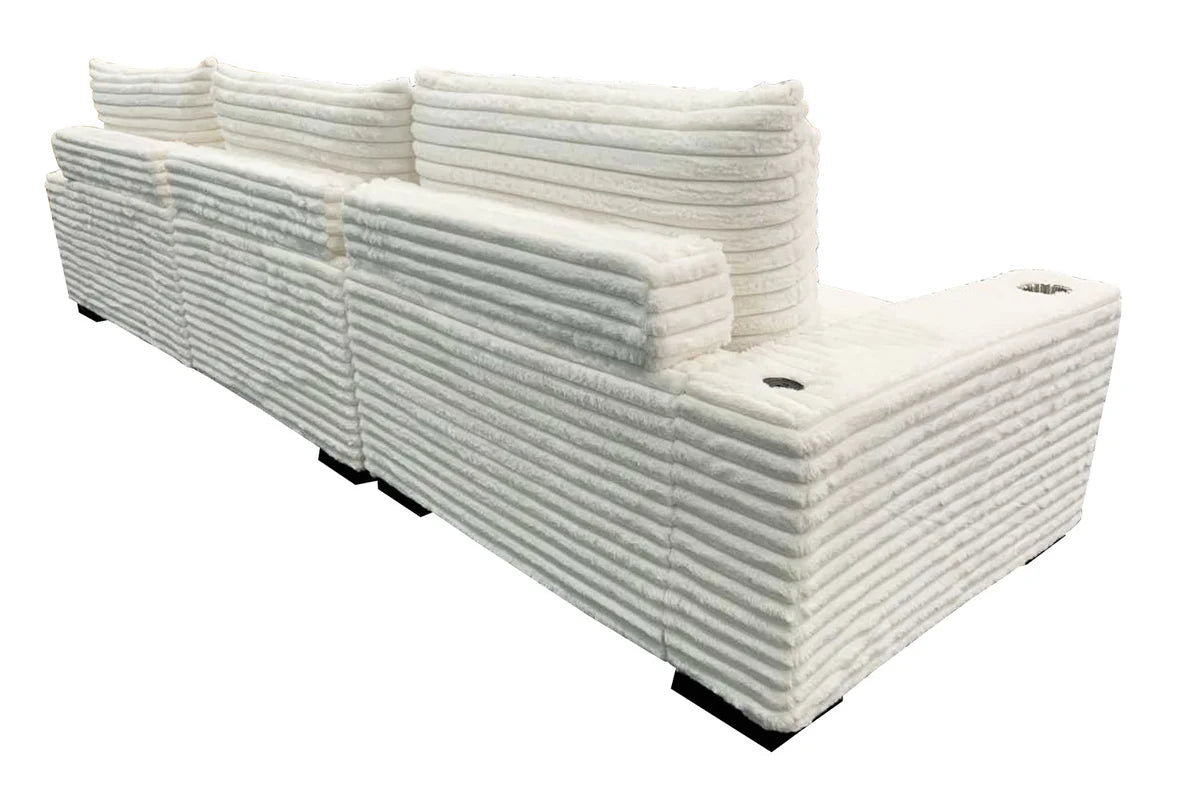 Palm Sunday Ivory Jumbo Corduroy 3pc Reversible Sectional Sofa w/ Dual Cupholders & USB Ports