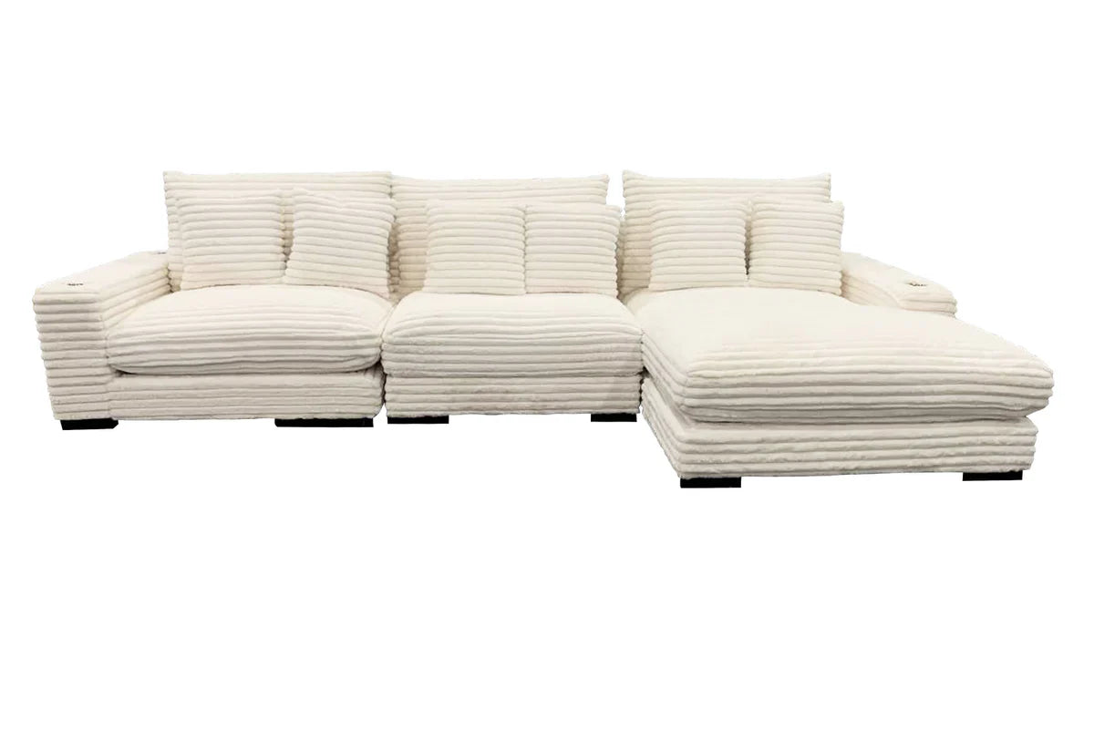 Palm Sunday Ivory Jumbo Corduroy 3pc Reversible Sectional Sofa w/ Dual Cupholders & USB Ports