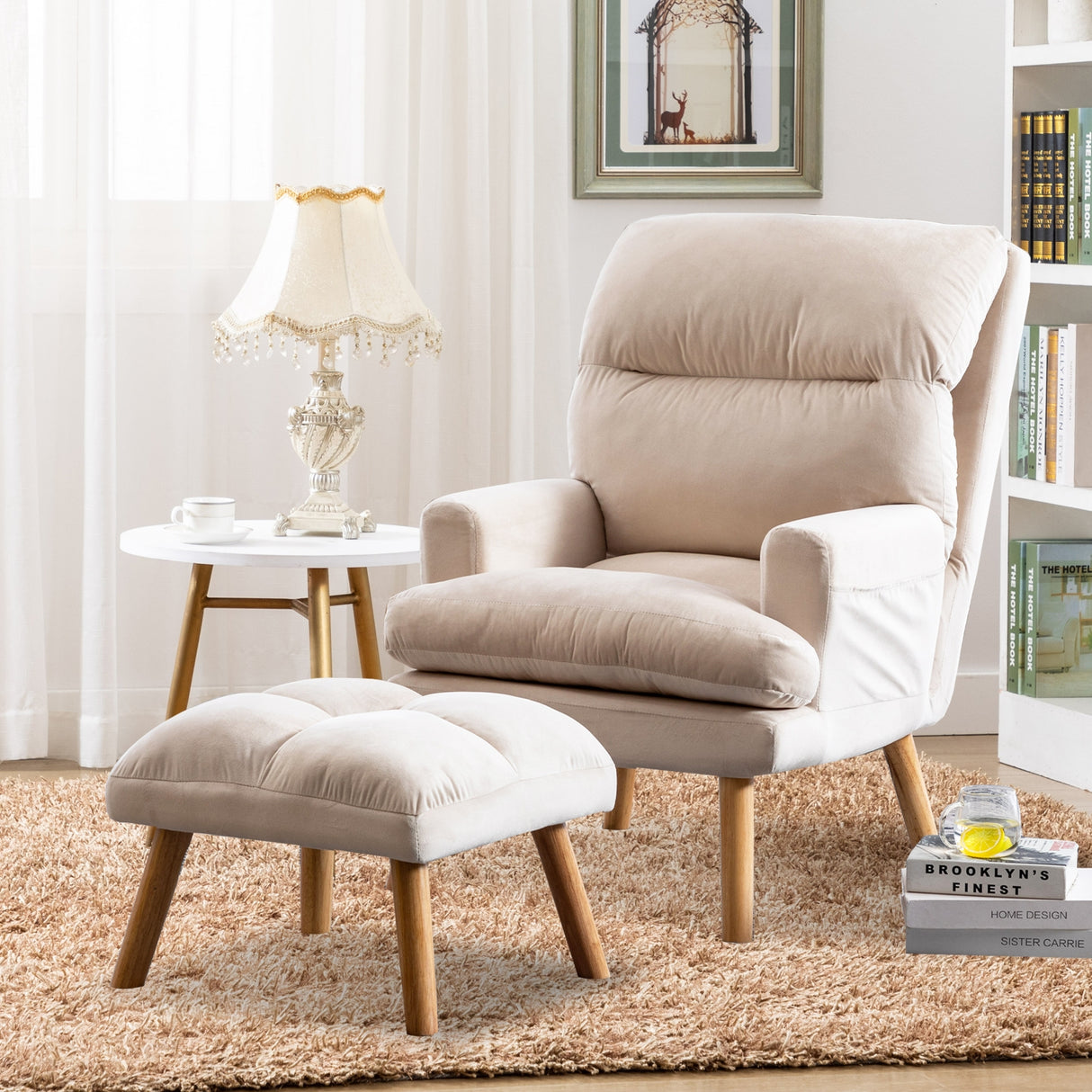 Accent Click Clack Chair With Ottoman, Beige Oak Finish Leg