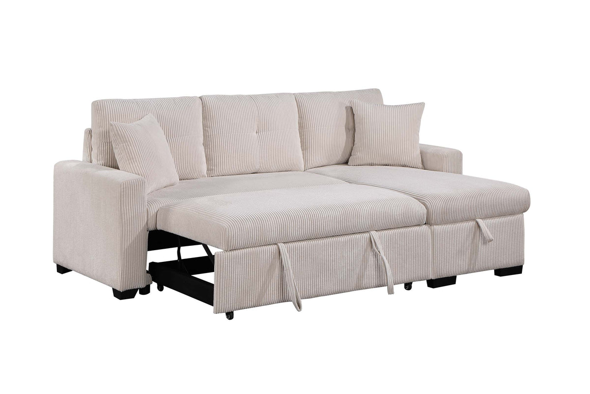 Pull Out Sofa Bed With Reversible Storage Chaise And 2 Pillows, Corduroy Fabric, Beige