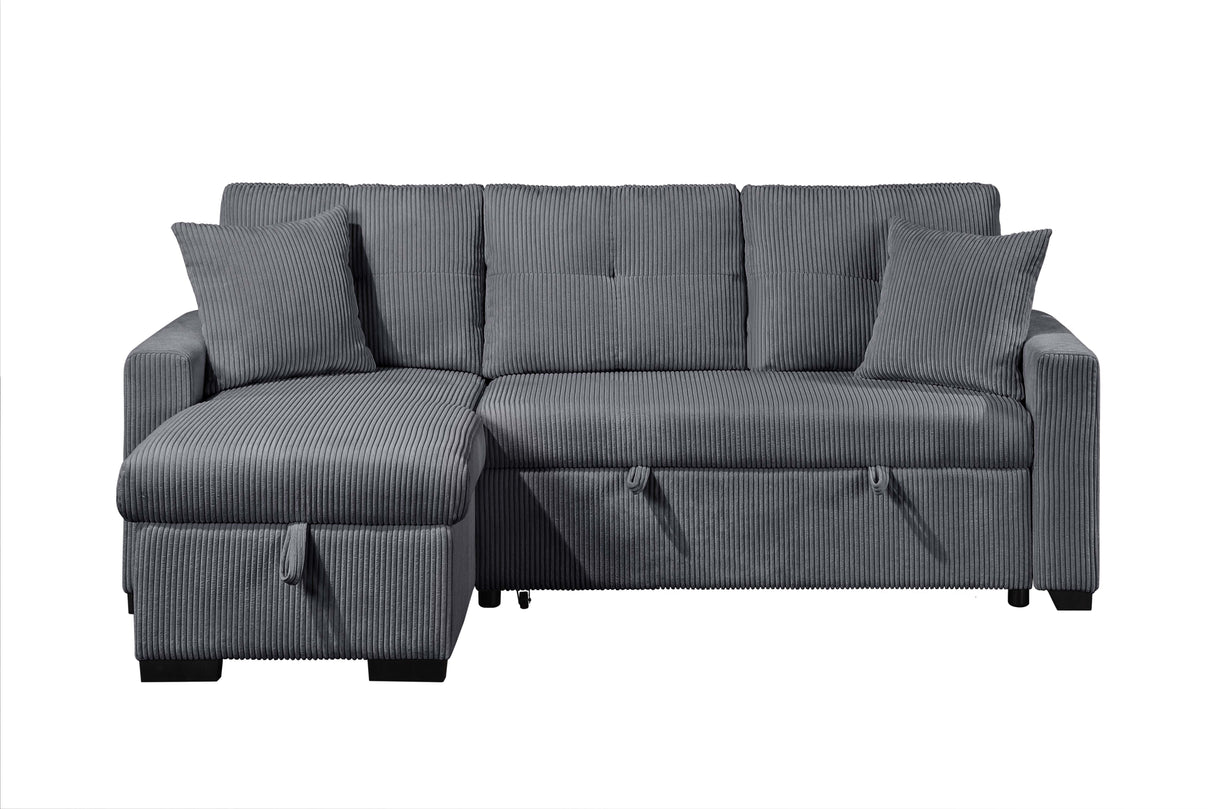 Pull Out Sofa Bed With Reversible Storage Chaise And 2 Pillows, Corduroy Fabric, Dark Grey