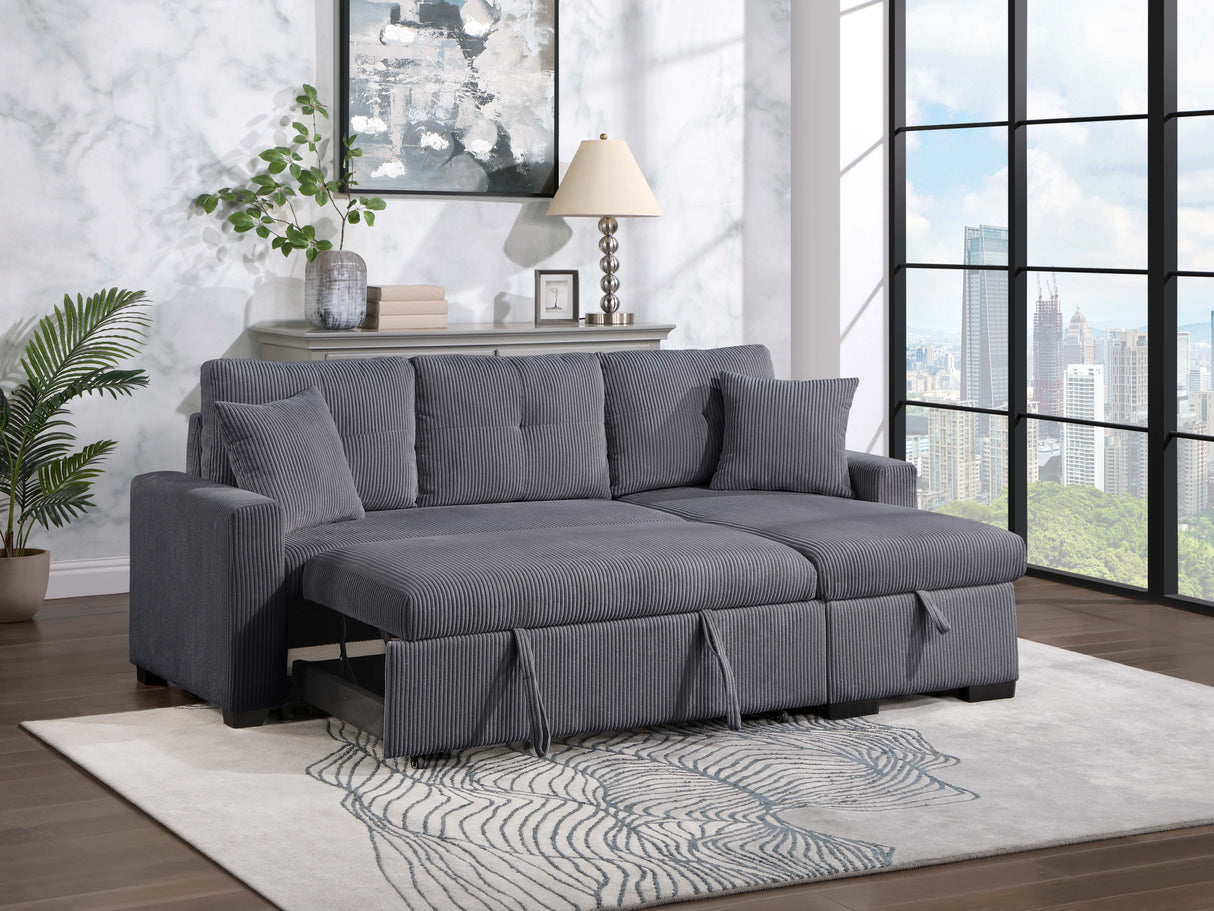 Pull Out Sofa Bed With Reversible Storage Chaise And 2 Pillows, Corduroy Fabric, Dark Grey