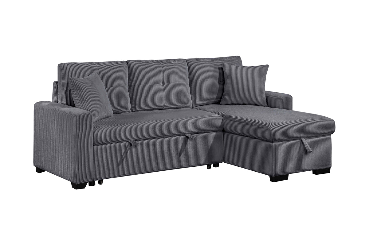 Pull Out Sofa Bed With Reversible Storage Chaise And 2 Pillows, Corduroy Fabric, Dark Grey