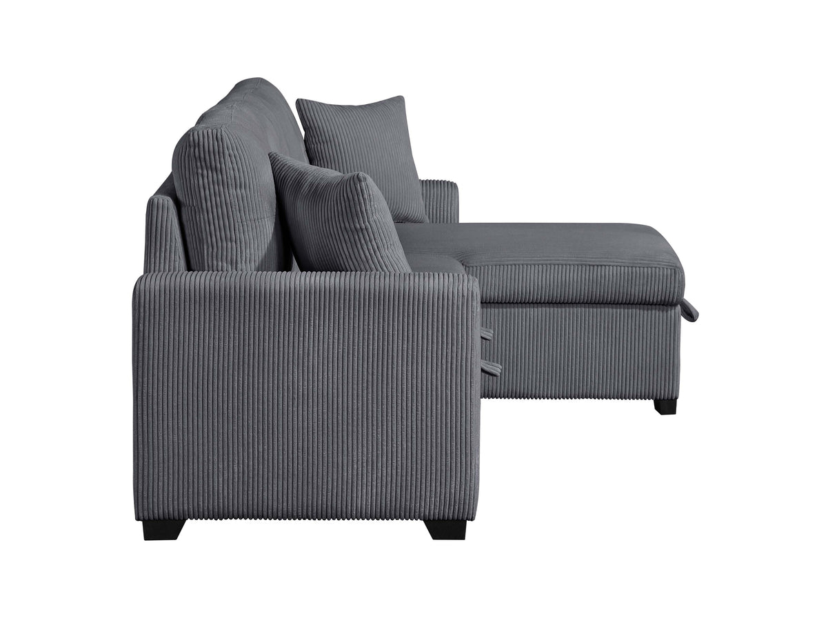 Pull Out Sofa Bed With Reversible Storage Chaise And 2 Pillows, Corduroy Fabric, Dark Grey