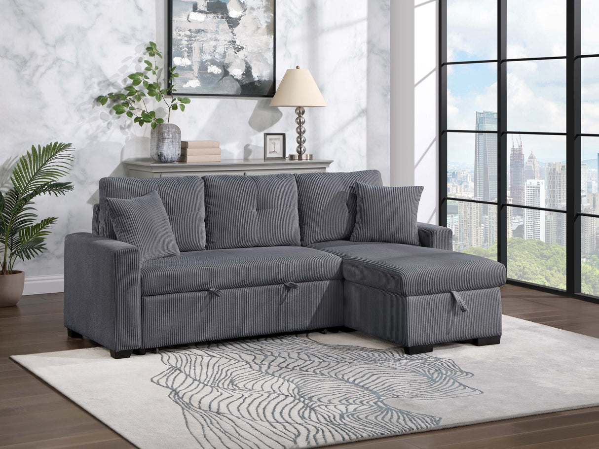 Pull Out Sofa Bed With Reversible Storage Chaise And 2 Pillows, Corduroy Fabric, Dark Grey