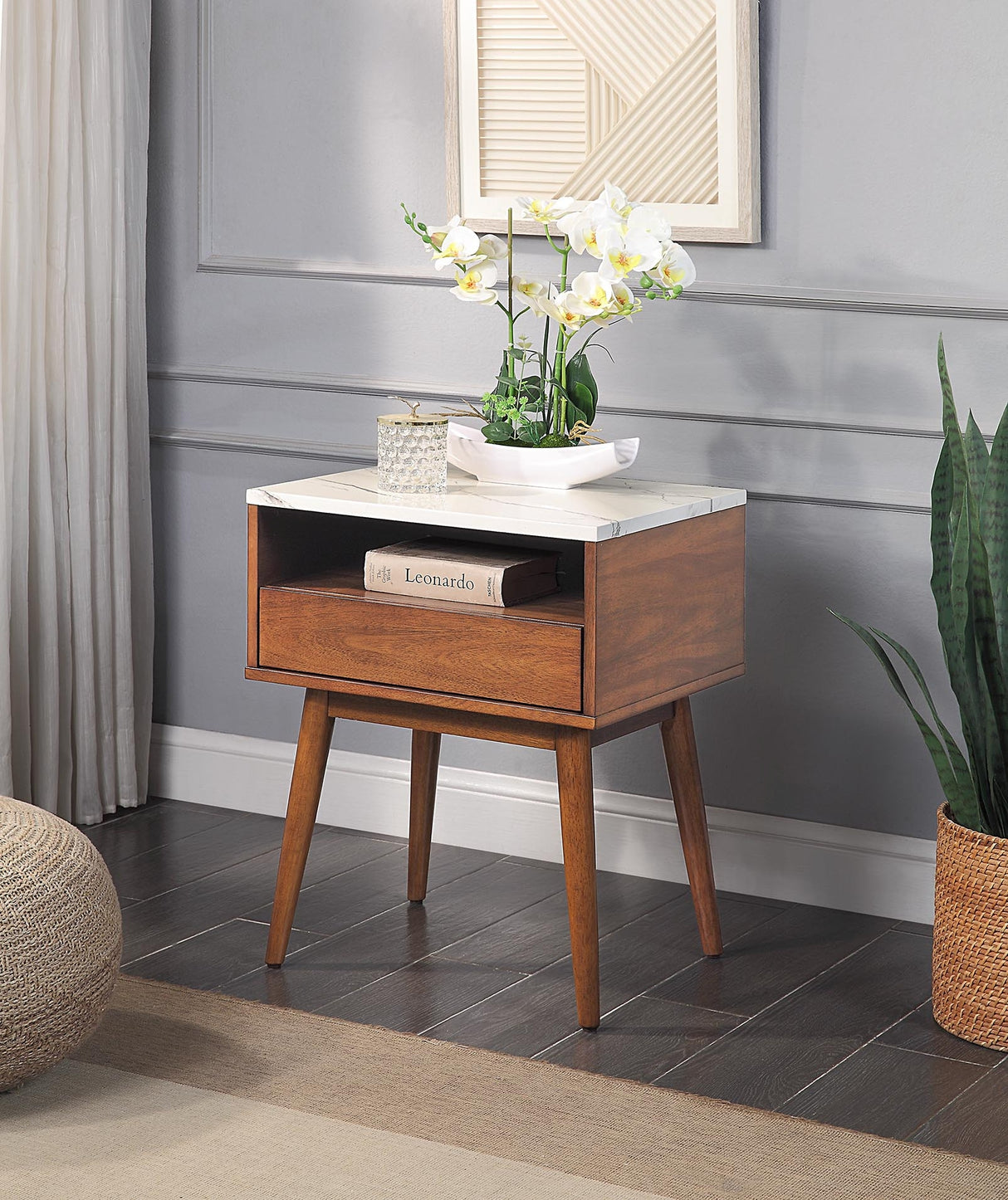 End Table With Faux Marble & Drawer