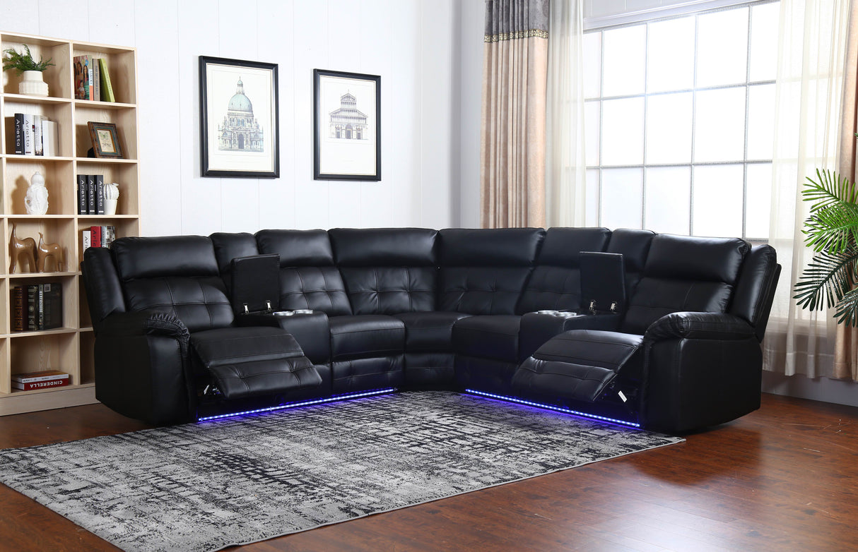 Recliner Sectional With Led Lights, Black, Power