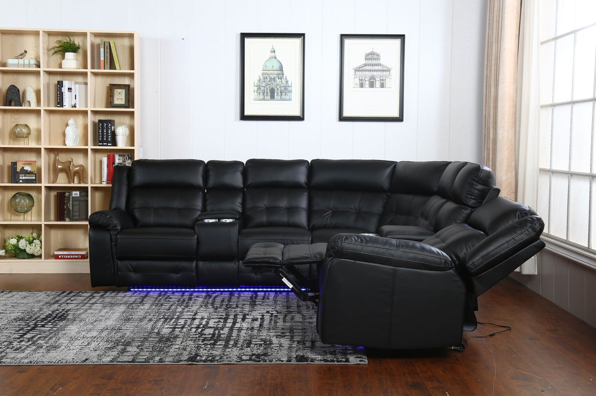 Recliner Sectional With Led Lights, Black, Power