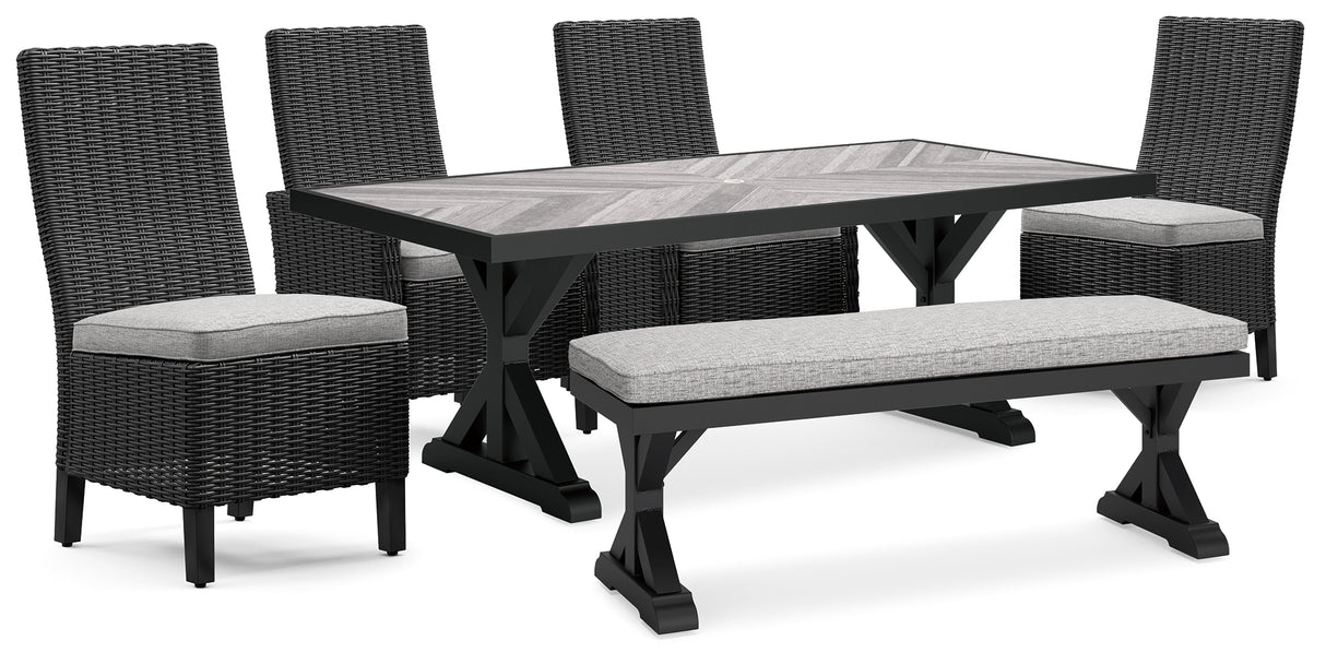 Beachcroft Black/Light Gray Outdoor Dining Table, 4 Chairs And Bench