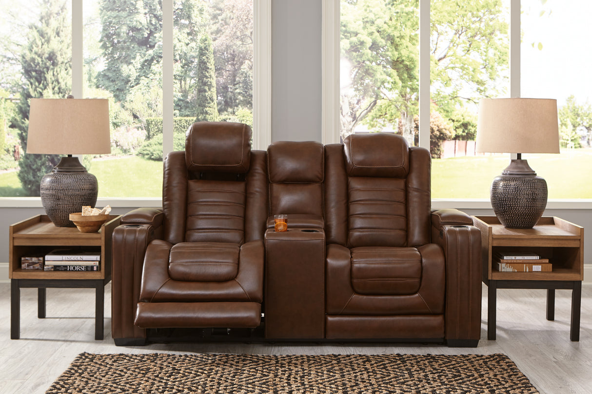 Backtrack Chocolate Power Reclining Loveseat With Console