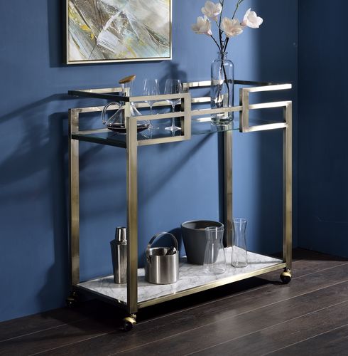 Neilo Clear Glass, Faux Marble Top & Wire Brass Finish Kitchen Cart