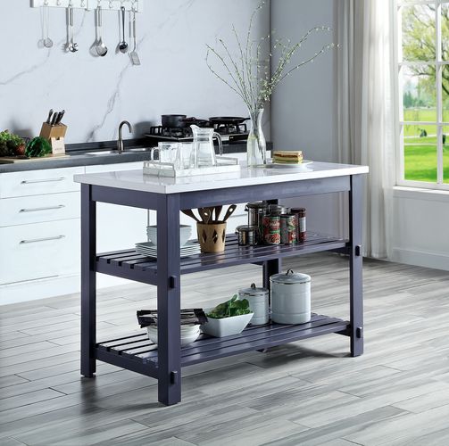 Enapay Marble Top Top & Gray Finish Kitchen Island