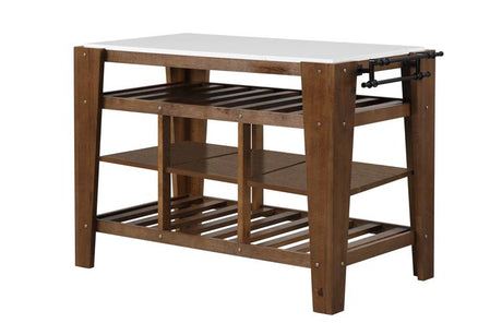 Alaroa Marble Top & Rustic Brown Finish Kitchen Island