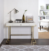 Boice White Synthetic Leather & Champagne Finish Vanity Desk