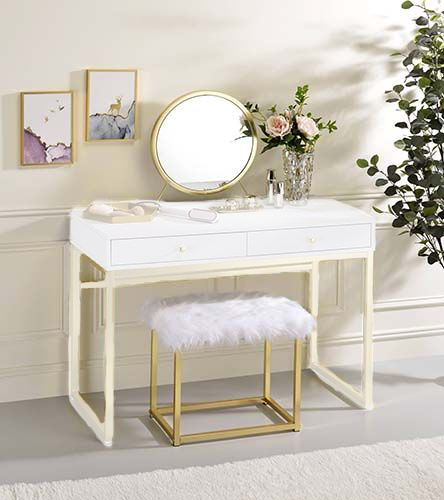 Adao Faux Fur, Mirror, White & Brass Finish Vanity Mirror