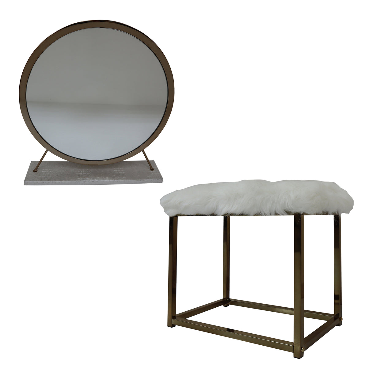 Adao Faux Fur, Mirror, White & Champagne Finish Vanity Mirror