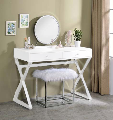 Adao Faux Fur, Mirror, White & Chrome Finish Vanity Mirror