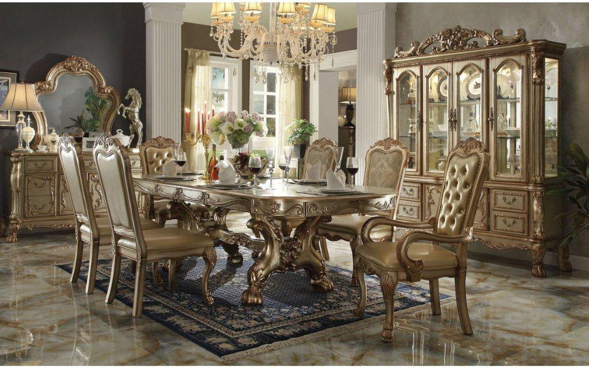 Acme Dresden 7-Piece Pedestal Dining Table Set in Gold Patina