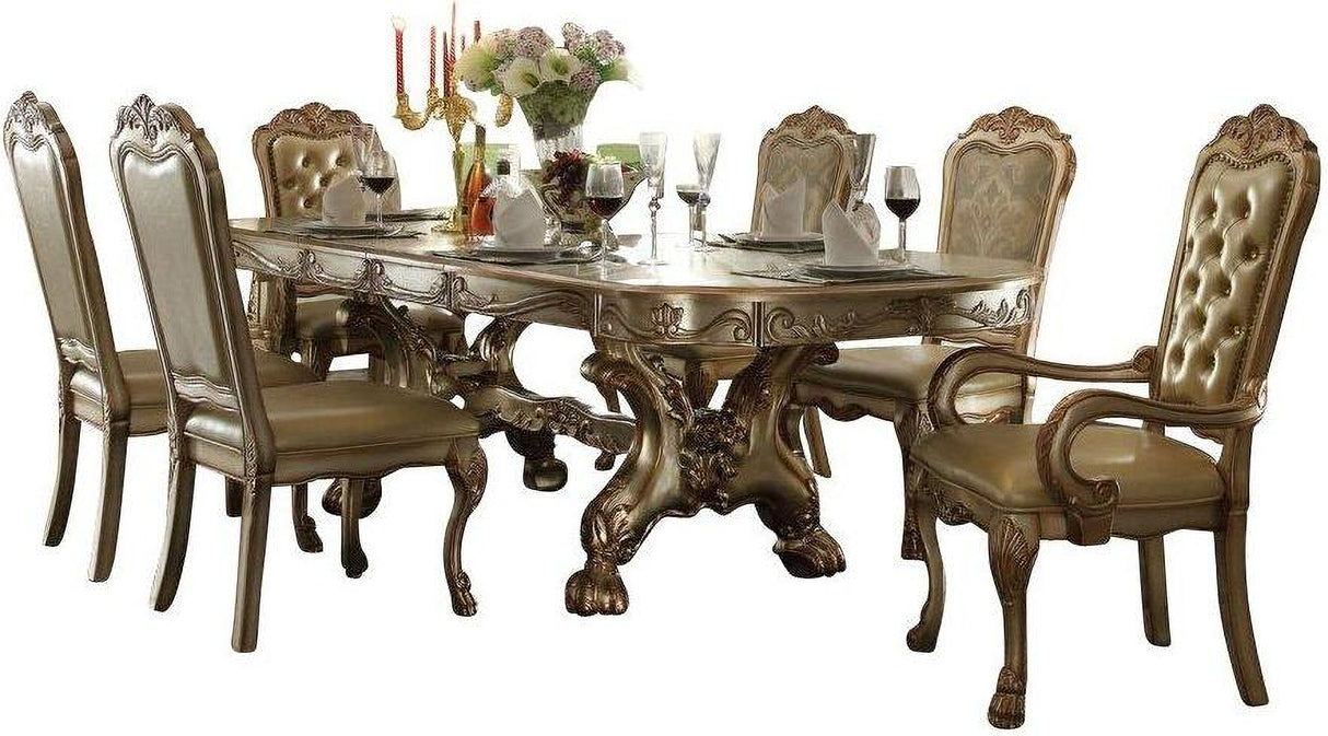 Acme Dresden 7-Piece Pedestal Dining Table Set in Gold Patina