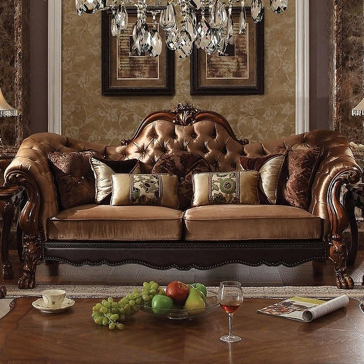 Acme Versailles 2-Piece Living Room Set in Golden Brown Velvet and Cherry Oak