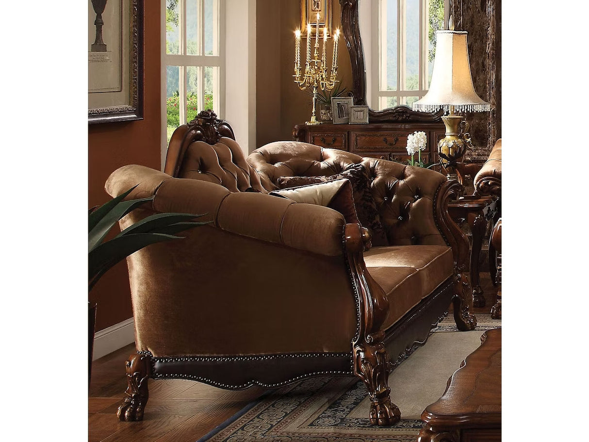 Acme Versailles 2-Piece Living Room Set in Golden Brown Velvet and Cherry Oak