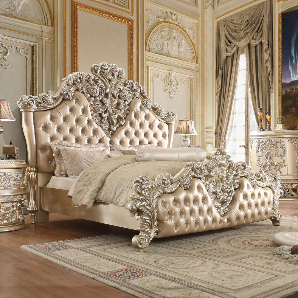 Vatican Synthetic Leather , Light Gold & Champagne Silver Finish Eastern King Bed