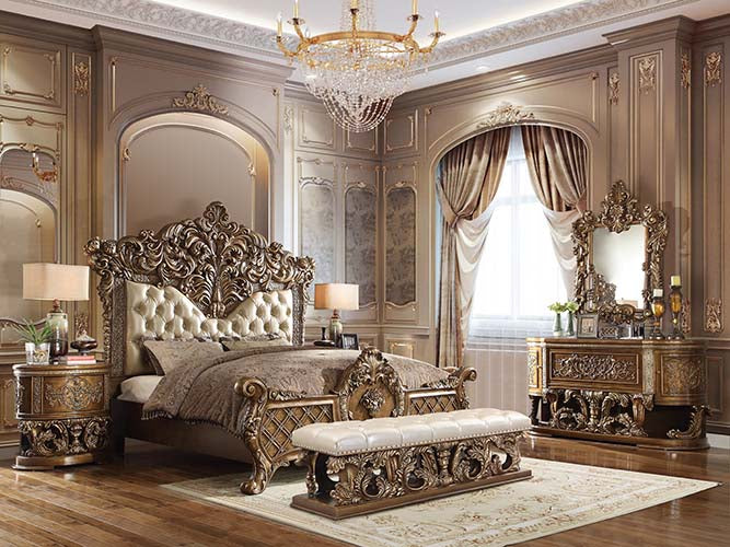 Constantine Synthetic Leather , Light Gold, Brown & Gold Finish Eastern King Bed