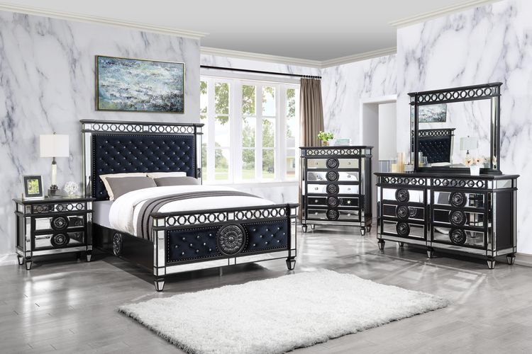 Varian Mirrored, Dark Navy Blue Velvet & Black & Sliver Finish Ii Eastern King Bed