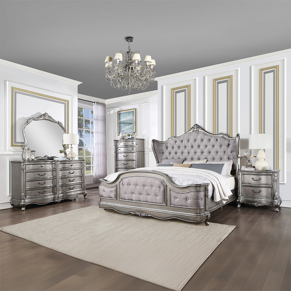 Ausonia Velvet & Antique Platinum Finish Queen Bed